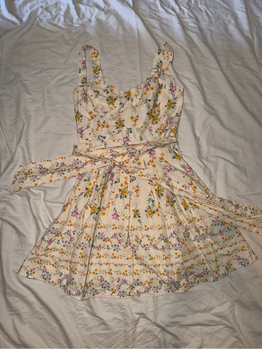 VICI Cream Floral Tie-Waist Mini Dress with Yellow & Pink Blooms
